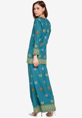 Buy Cotton Modern Kurung With Songket Print (BRaya) from Kasih in Green and Blue and Multi at Zalora