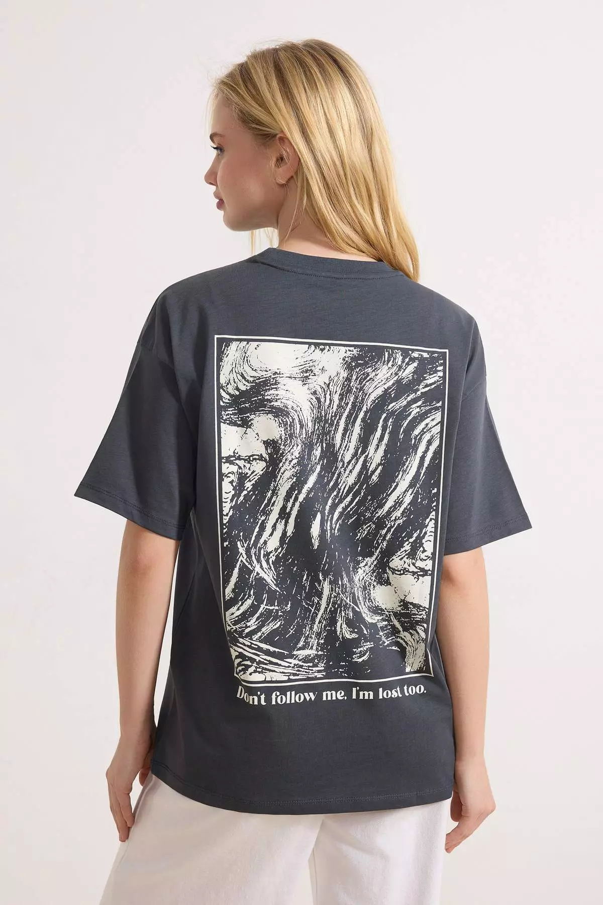 Anthracite 1% Cotton Back And Front Printed Oversize/Relaxed Fit Knitted T-Shirt Twoss24Ts234