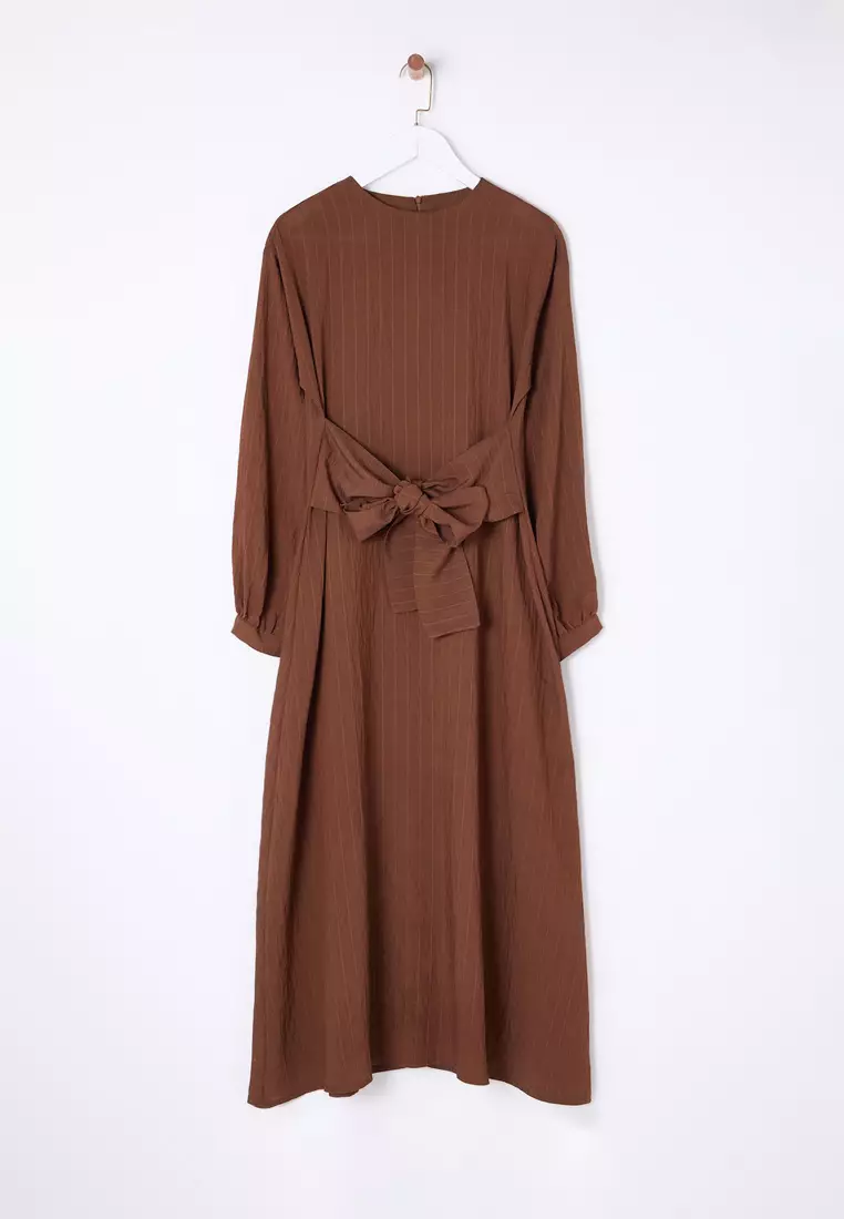 Brown Front Tie Woven Dress TCTSS24EB00131