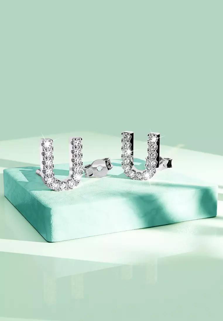 Solid 925 Sterling Silver Glamour Alphabet Letter Earrings  - U