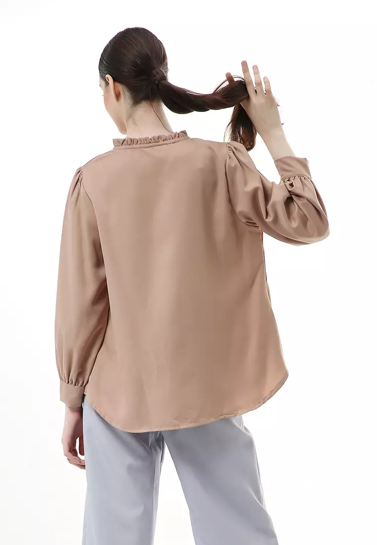 Vionka Kemeja Atasan Wanita Opnaisel Motif Polos - Capuccino