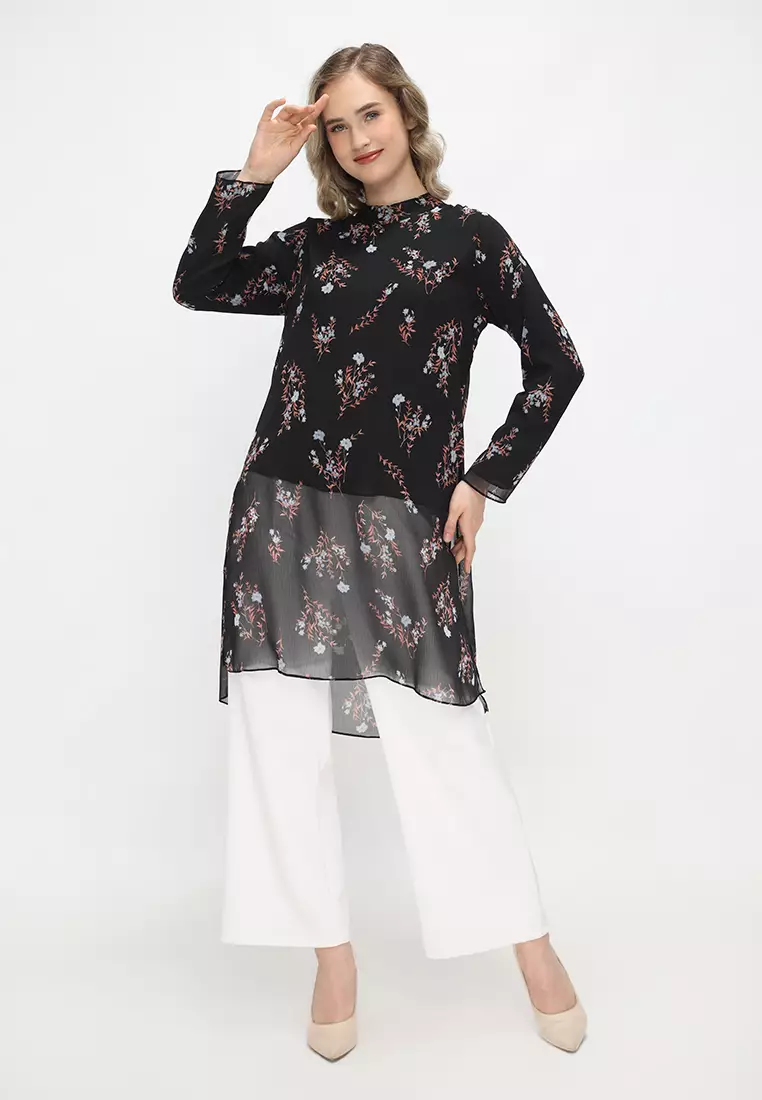Tunik Floral Motif Long Sleeve Black By Brilliant Girl Warna HITAM