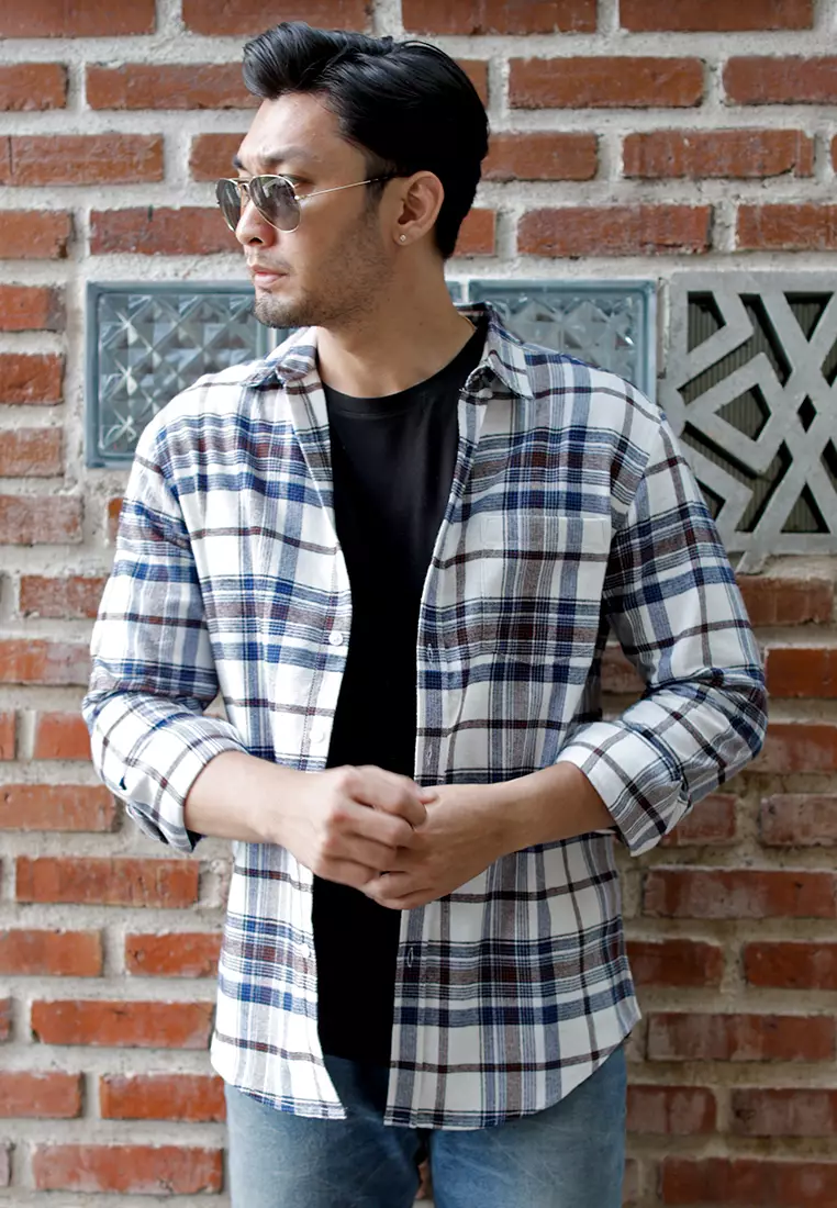 OXCON Extra Comfort Authentic Flannel Shirt White Blue Navy