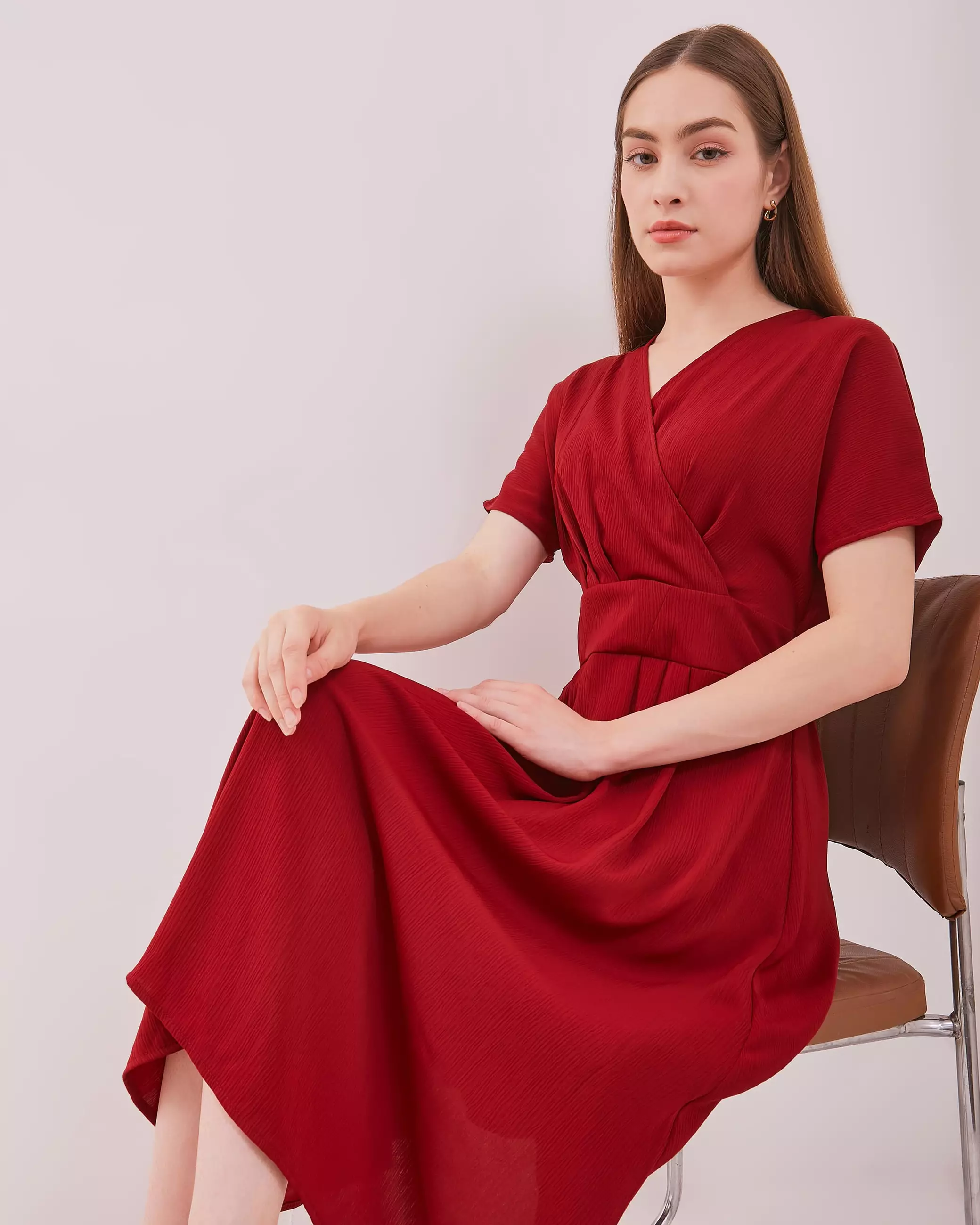 Urban Exchange Cecilia Red Dress - Gaun Midi Dress Kasual Dress Merah Natal Warna Red