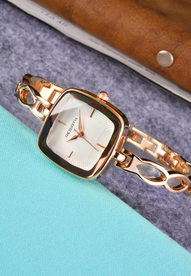 REBIRTH jam tangan wanita tali stainless steel square tahan air kuarsa