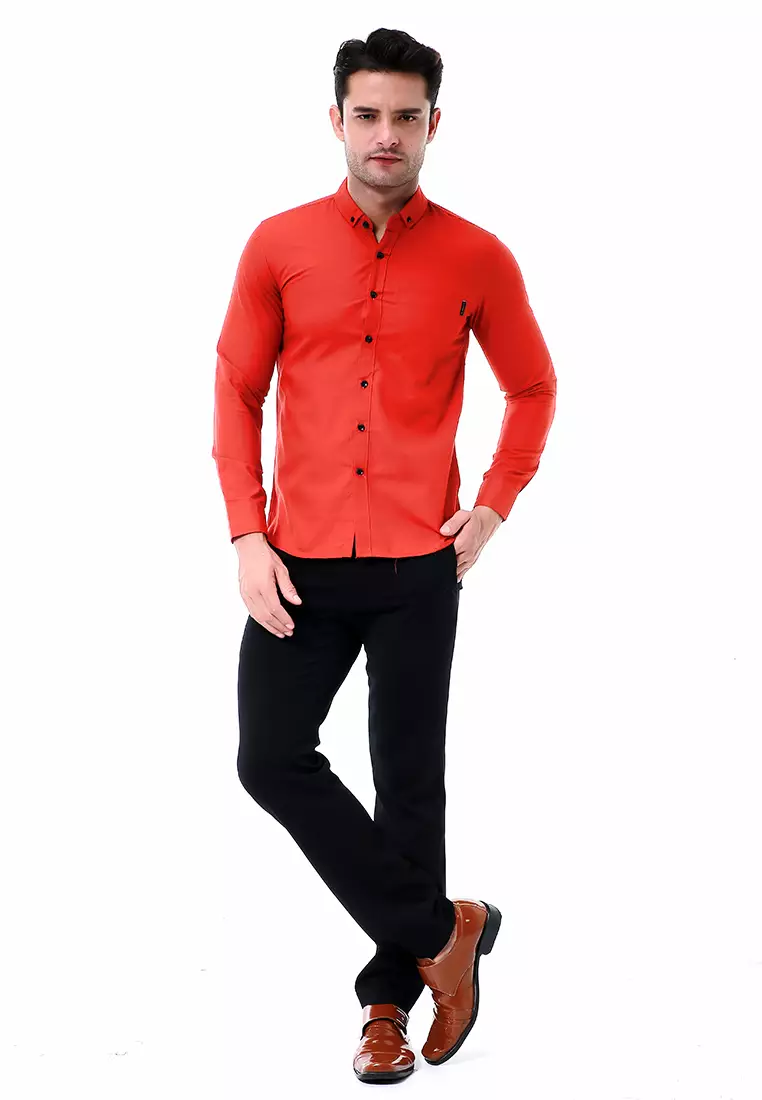 Leopold Kemeja Basic Pria Motif Polos Long Sleeve Material Cotton ORIGINAL - Orange