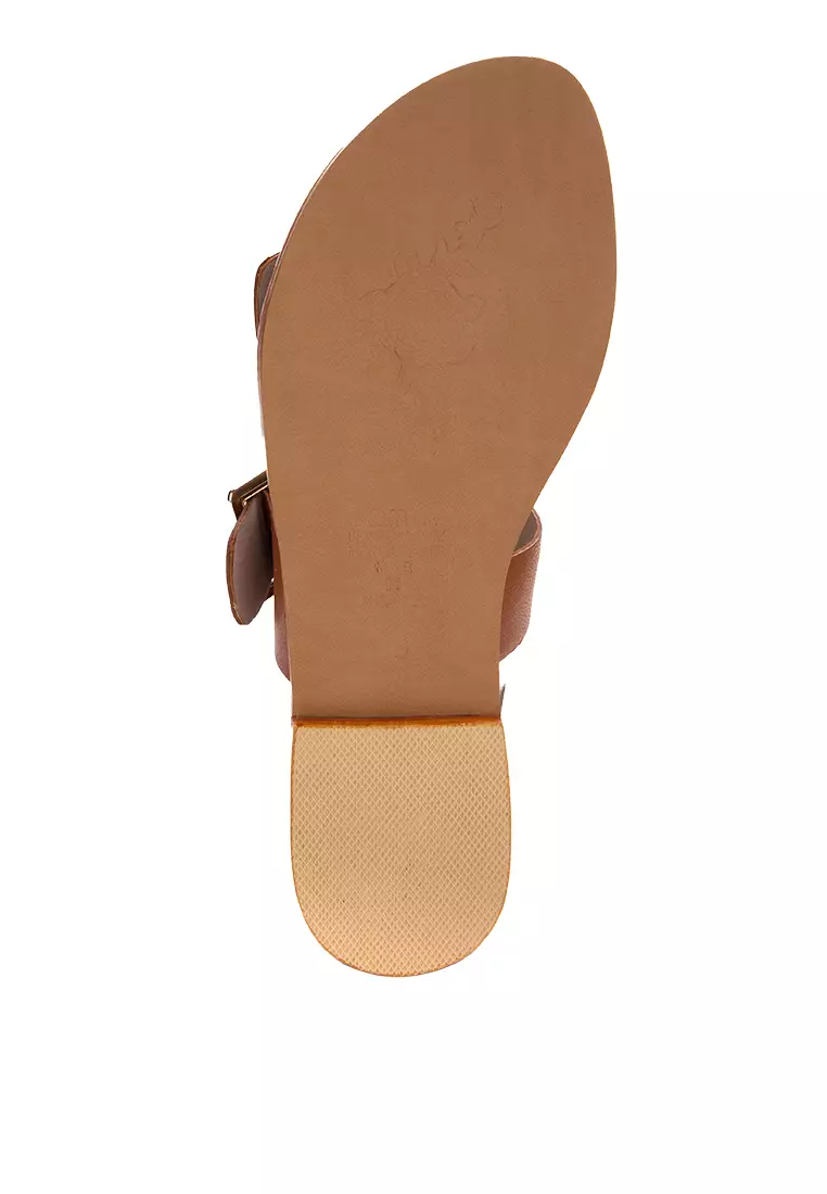 Two Strap Leather Slide Flats