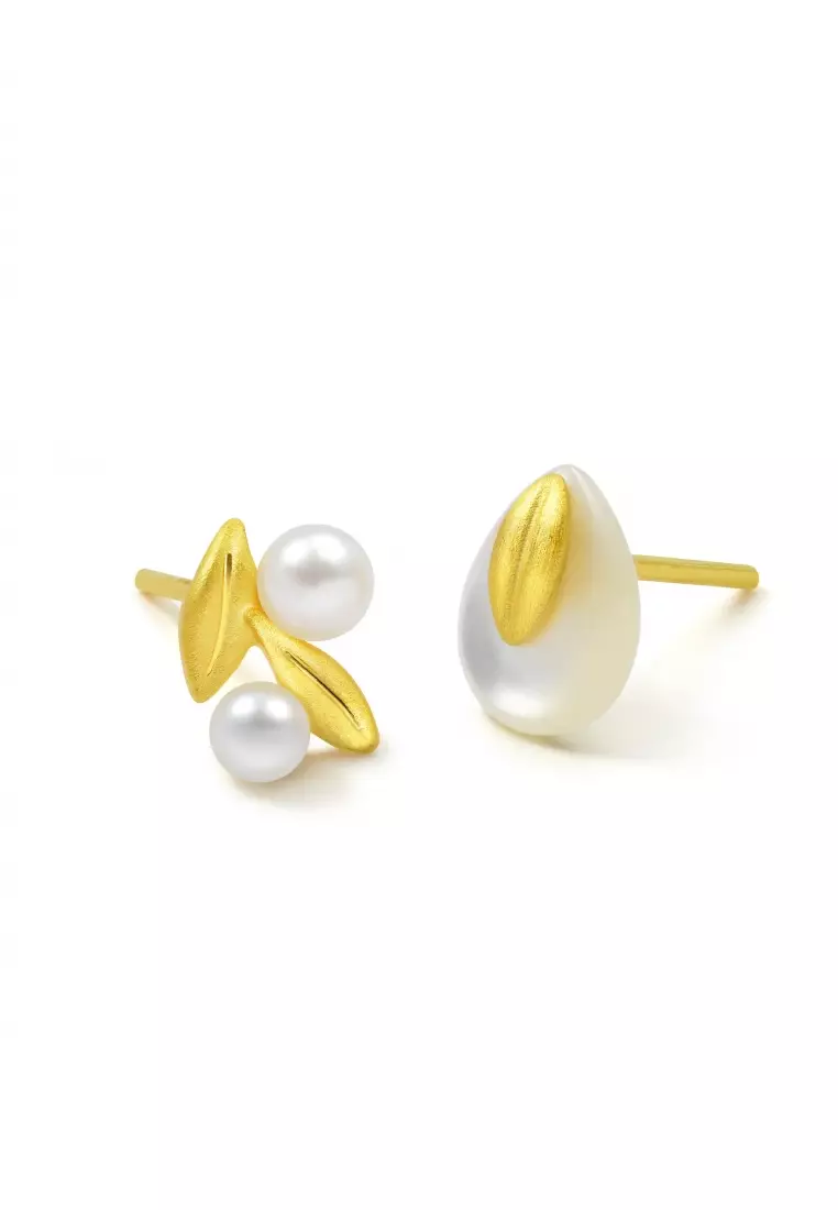 24K 999.9 Gold Willow & Pentals Pearl and Mother of Pearl Asymmetric Stud Earrings for Women 89676E