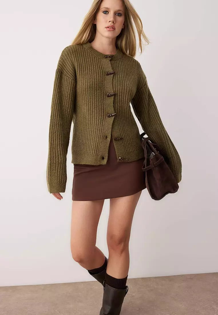 Khaki Soft Textured Button Detailed Knitwear Cardigan