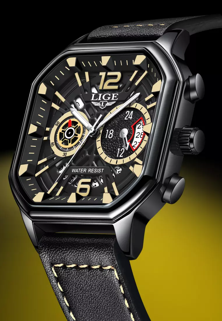 Chronograph Unisex Stainless Steel Square Quartz Watch 43X43mm, black dial, Leather Strap