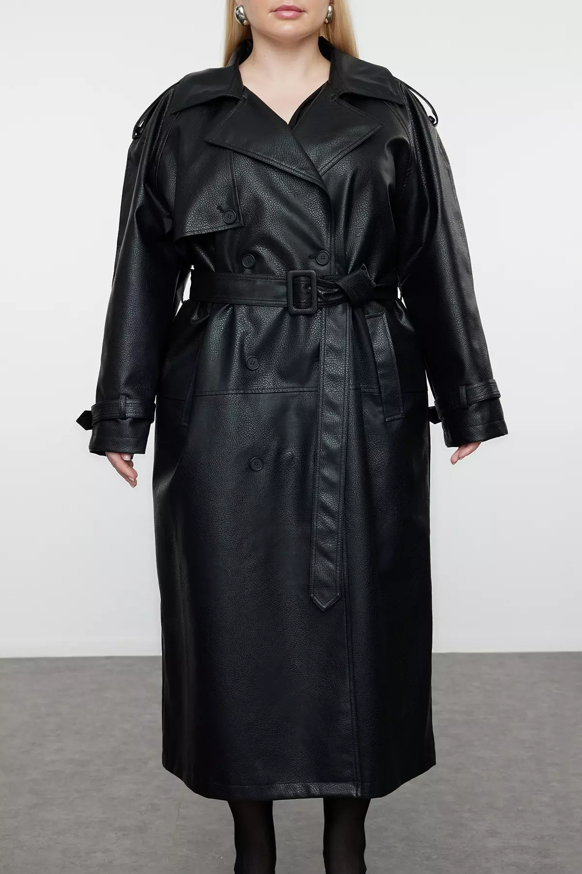 Regular Fit Midi Length Faux Leather Plus Size Trench Coat