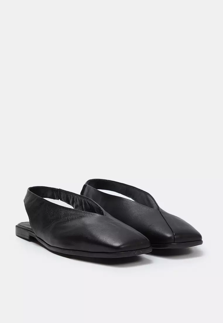 Black Genuine Leather Open Back Square Toe Women's Ballerinas Takss25Be00018