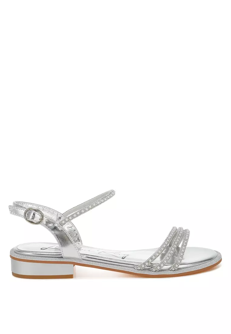 Discount on London Rag  shoes - SKU: Rhinestone Pearl Detail Flat Sandals in Silver
