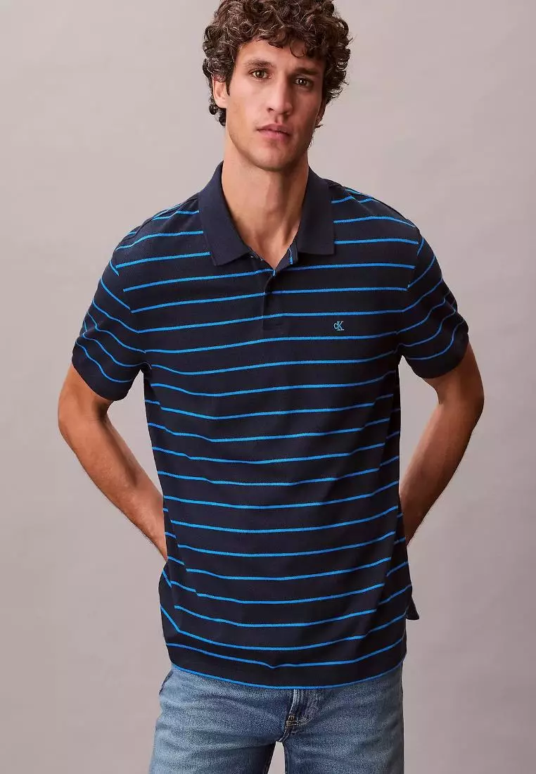 CKJ Mens Short Sleeve Striped Pique Monogram Polo