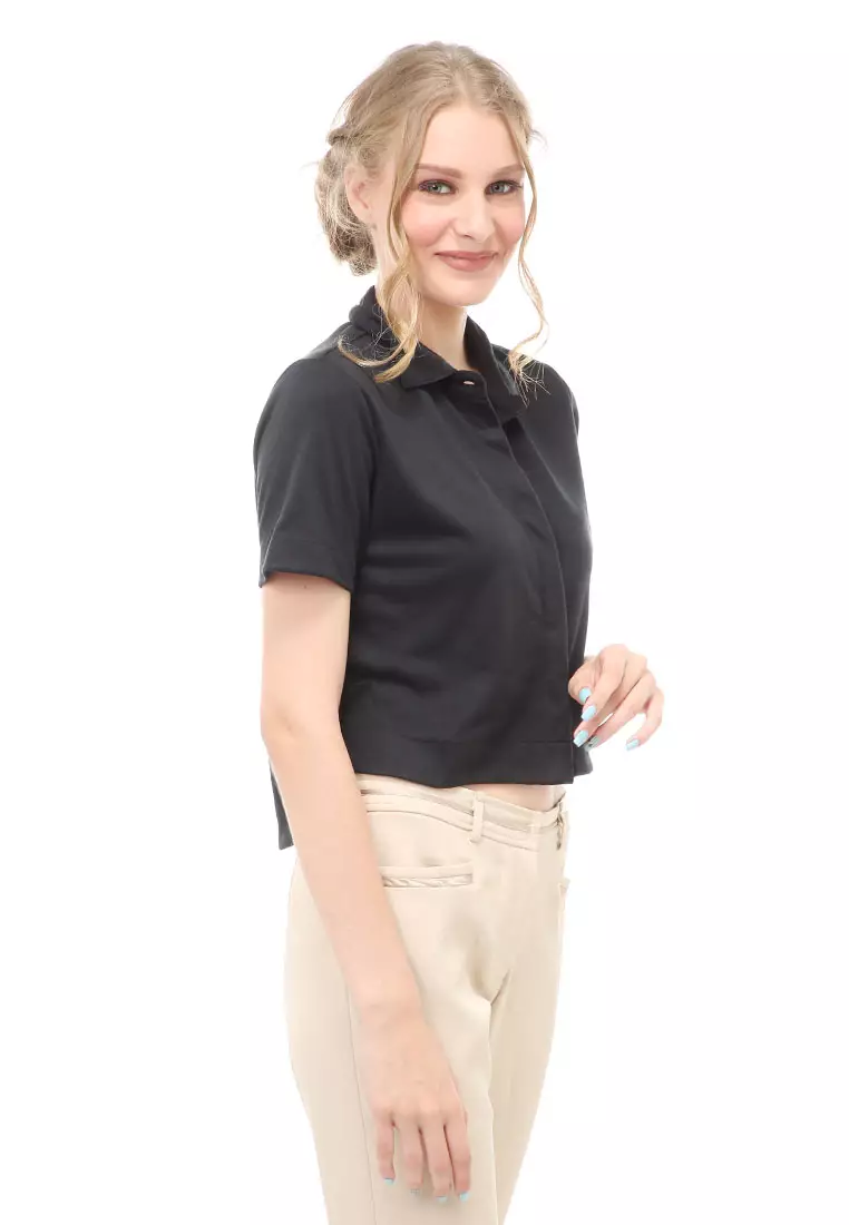 Holly Atasan Kasual Wanita Top Kemeja Crop Lengan Pendek Double Placket Material Cotton ORIGINAL - Black