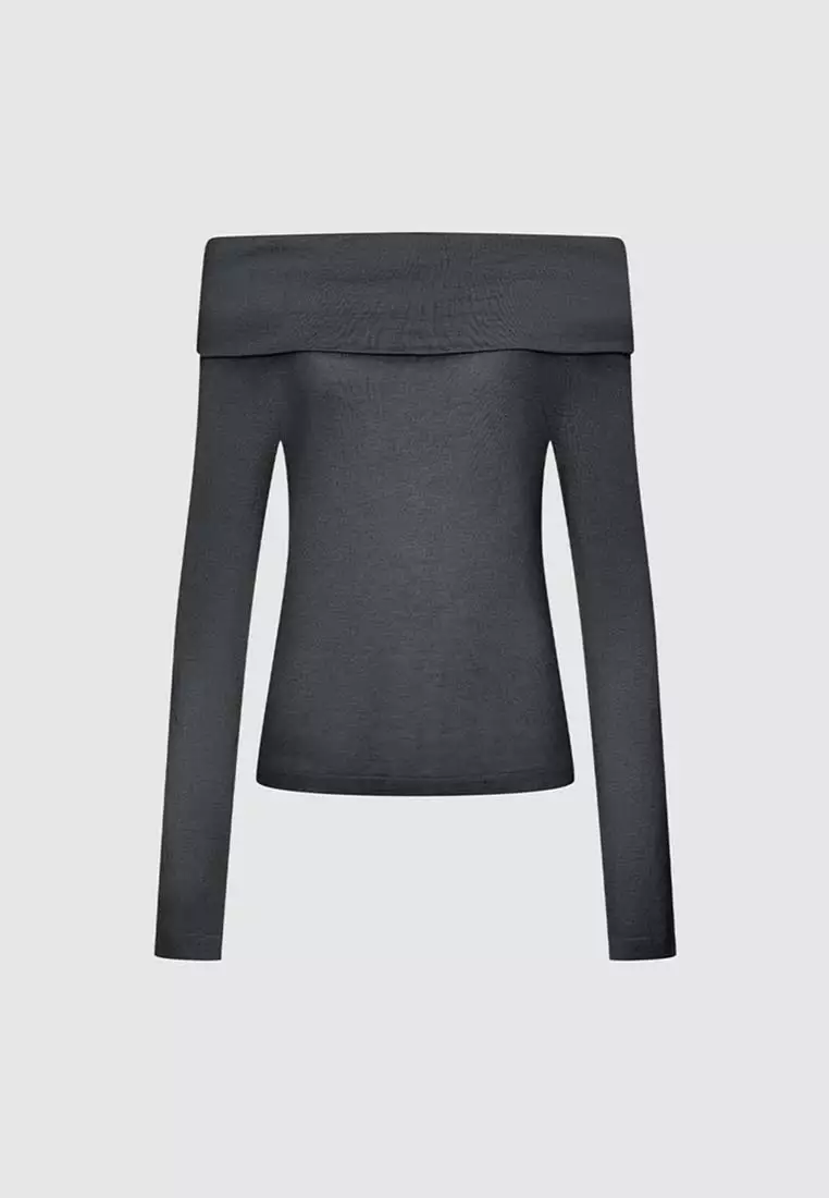 Draped Off-Shoulder Fine Knit Long Sleeve Slim Fit Top