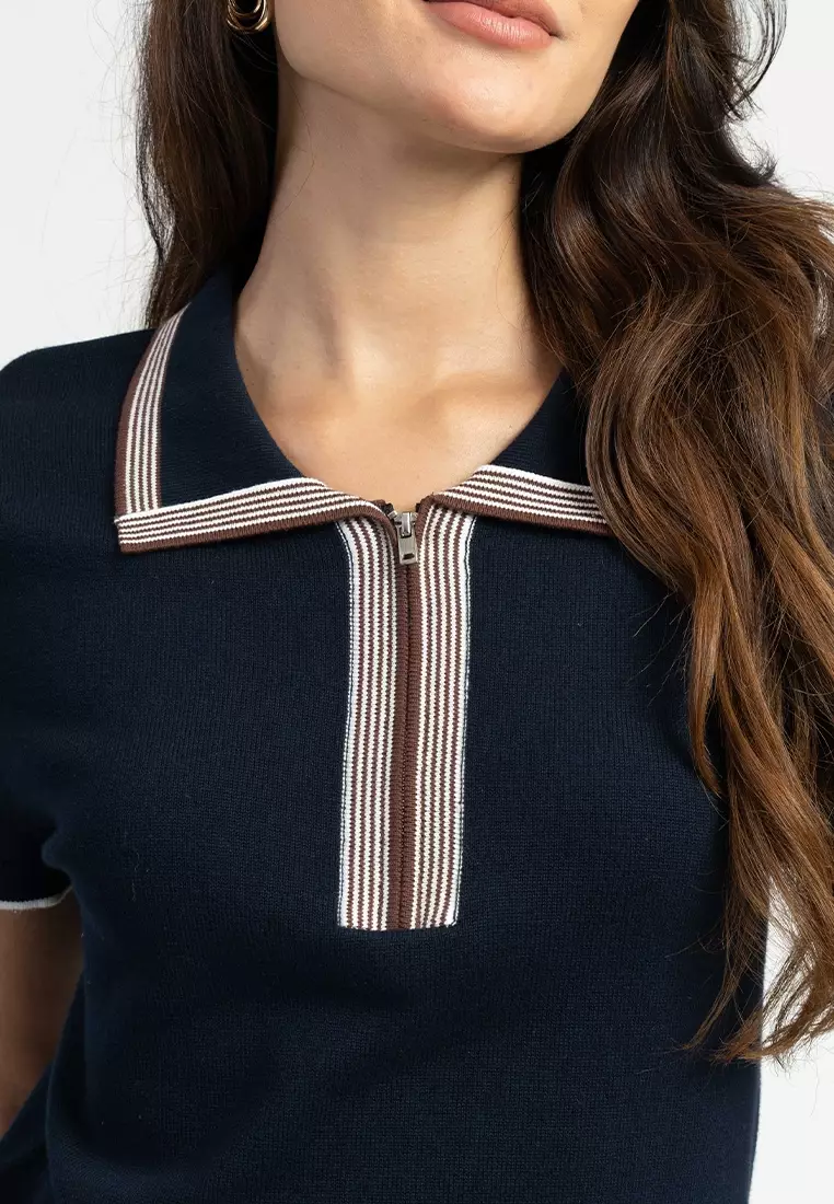 Isabella Knit Polo Striped Zip Top