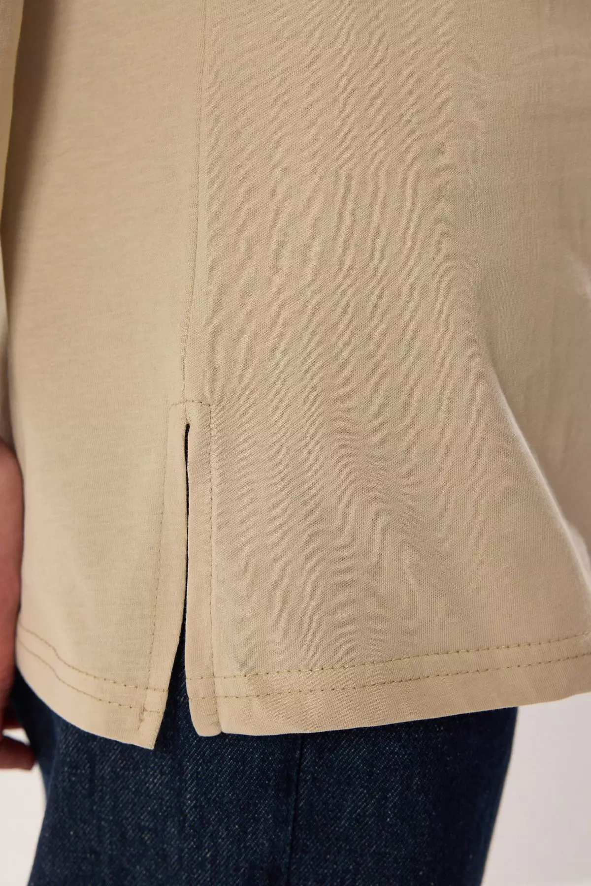 Tan Beige Long Sleeve Slit Detailed Knitted T-Shirt TCTSS25RT00000