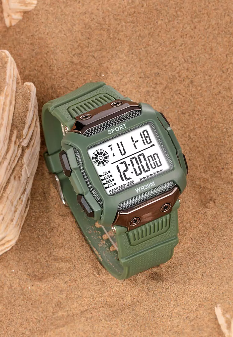 Jam Tangan Pria Square Digital Original Sports Anti Air Tali Silikon Jam Tangan Cowok AllGreen