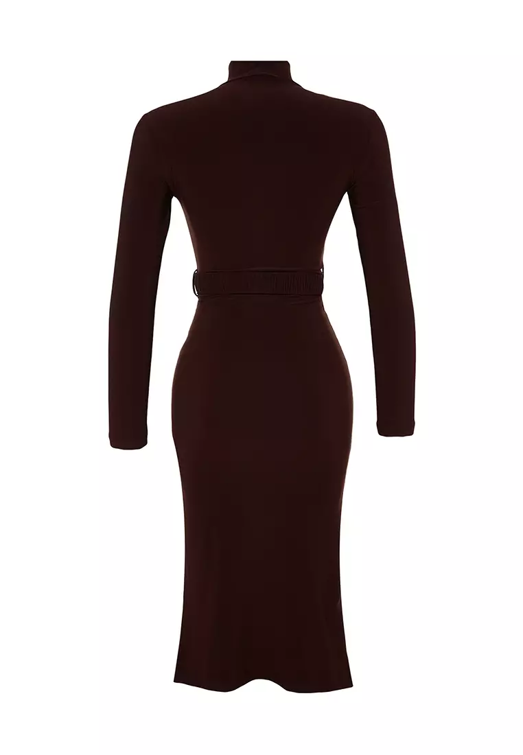 Fitted/Sticky Collar Knitted Dress with Draping and Belt
