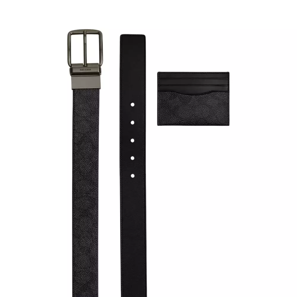 Boxed Card Case And Belt Set In Signature Canvas Charcoal Black