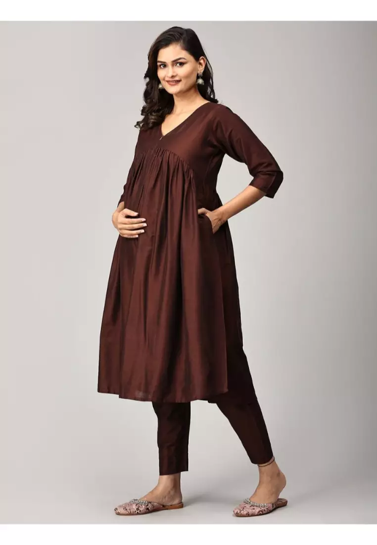Cozy Cafe Maternity And Nursing Silk Kurta Set - Brown