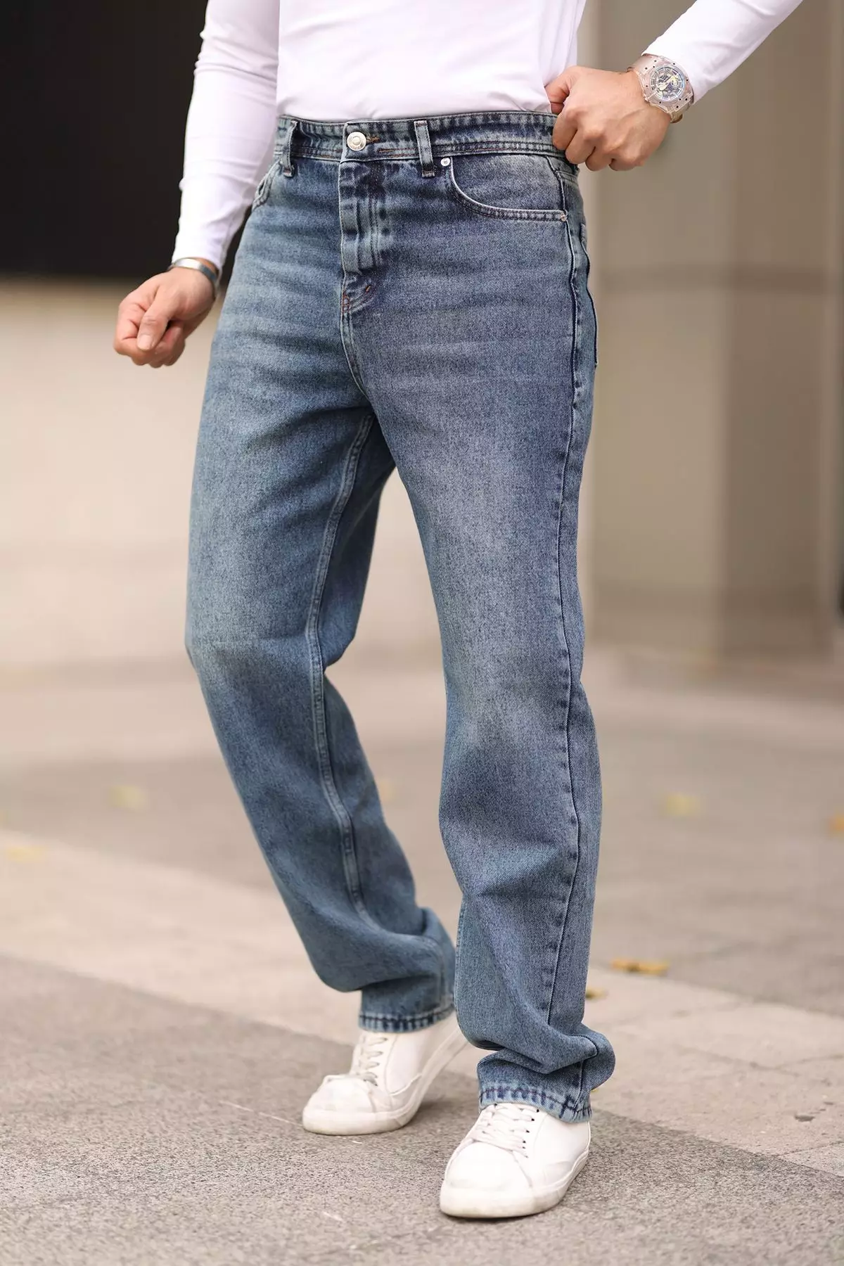 Medium Blue 100% Cotton Baggy Fit Jeans Trousers TMNAW24JE00027