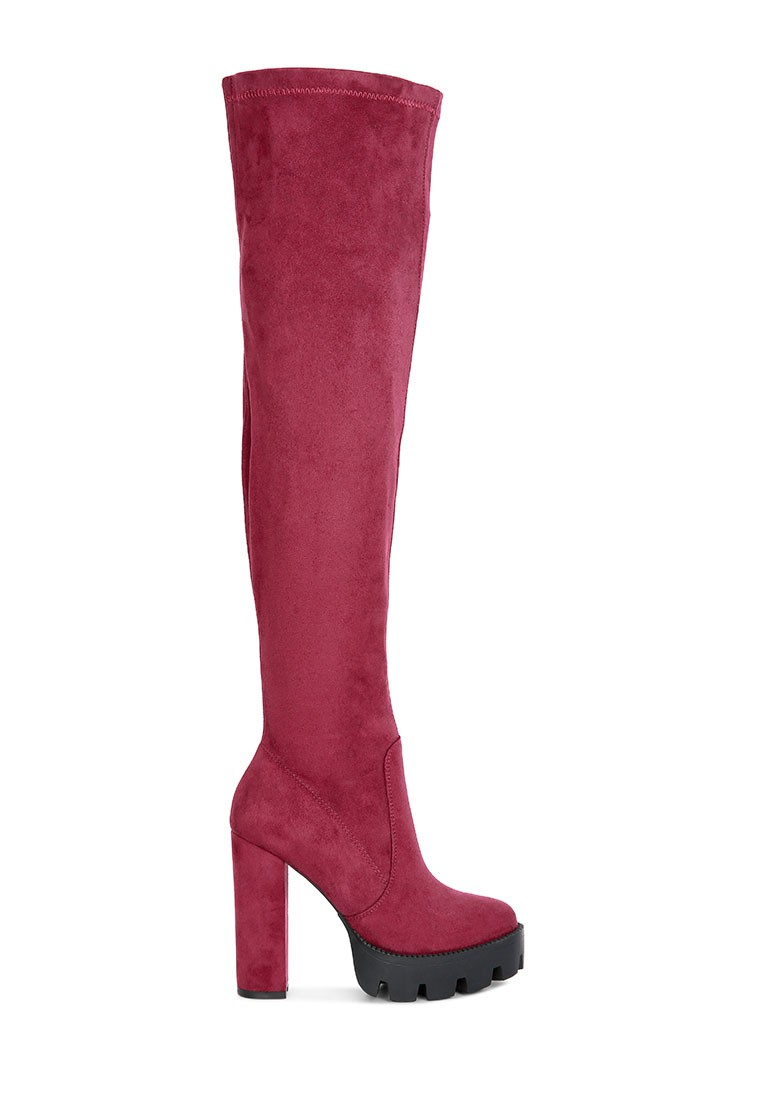 Burgundy High Block Heeled Faux Suede Long Boots