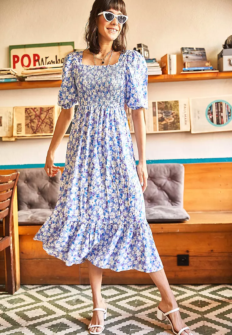 Floral Shirring Midi Dress