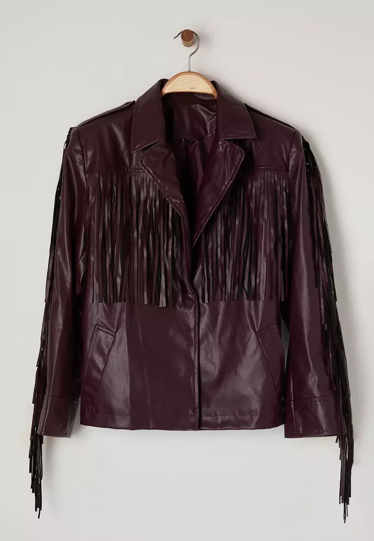 Faux Leather Belted Jacket with Tassel Detail