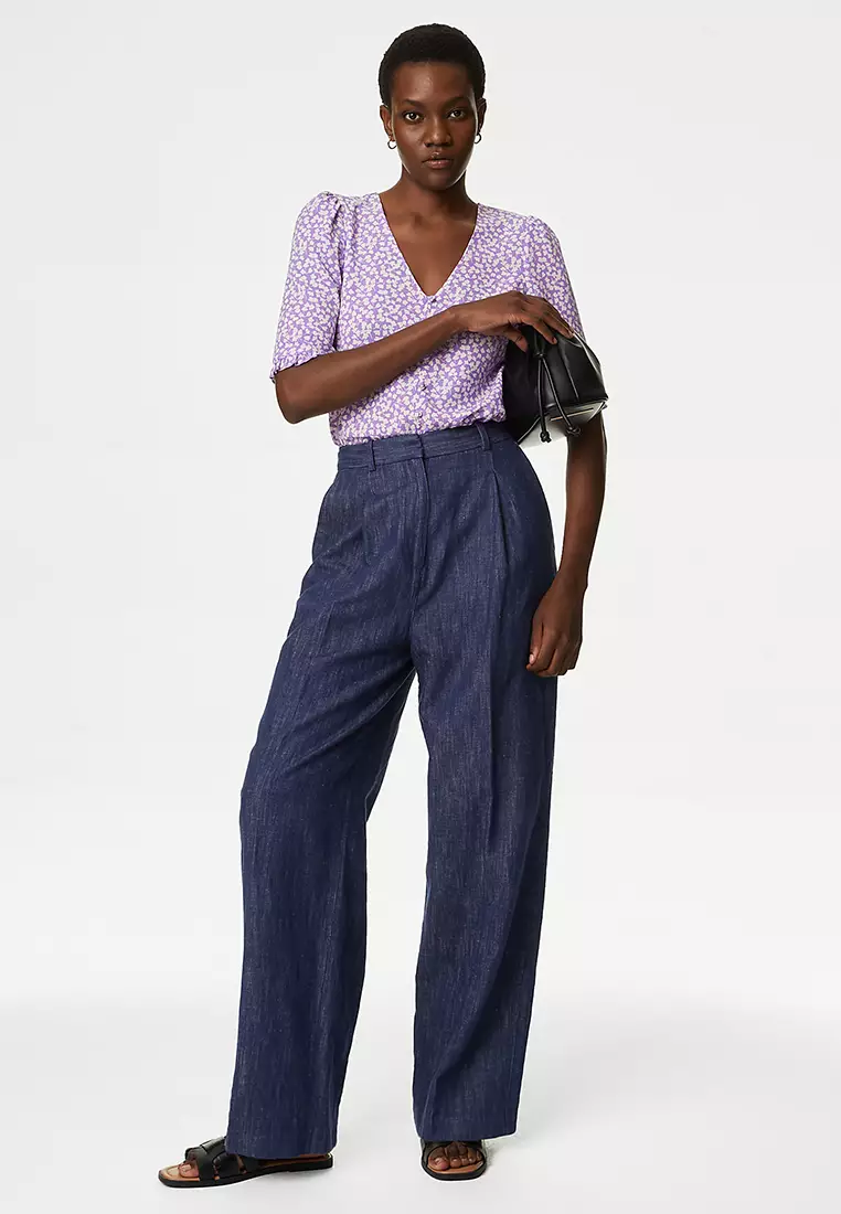 Printed V-Neck Puff Sleeve Blouse