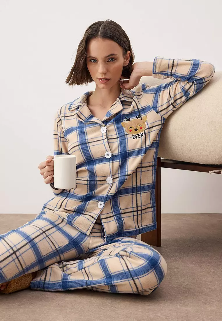 Embroidered Plaid Polar Winter Knitted Pajama Set