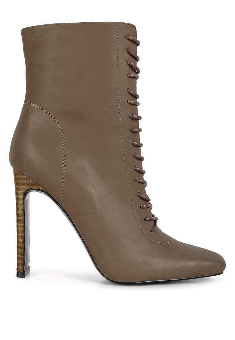 Olive Brown Lace Up Leather Ankle Boots