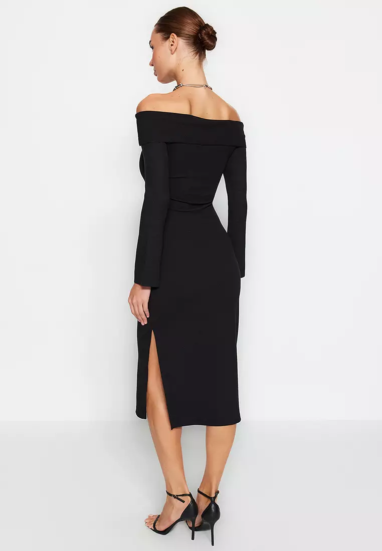 Fitted Off Shoulder Midi Dress