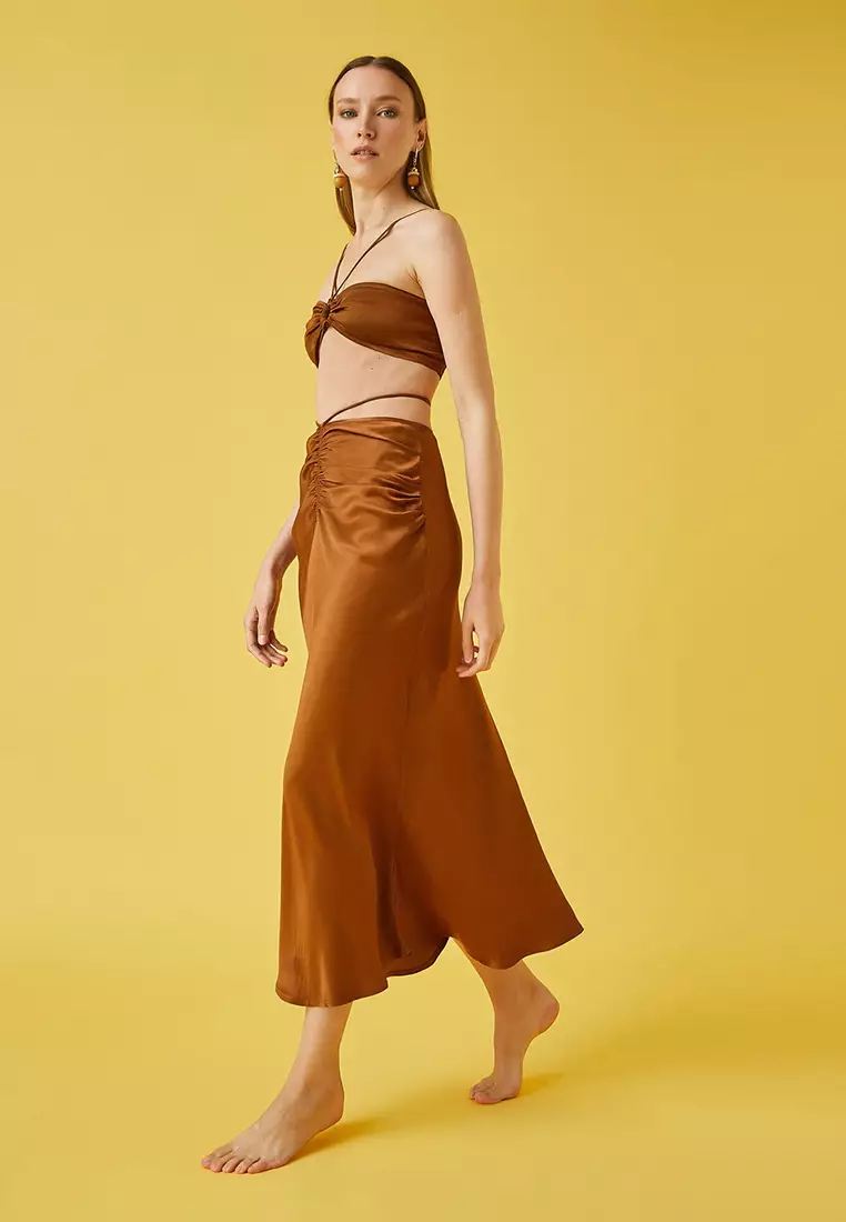 Ruched Midi Satin Skirt