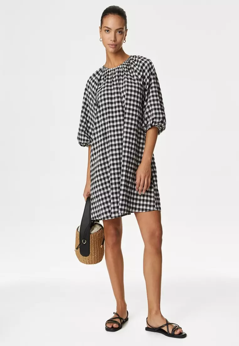 Buy MARKS SPENCER Checked Puff Sleeve Mini Smock Dress 2025