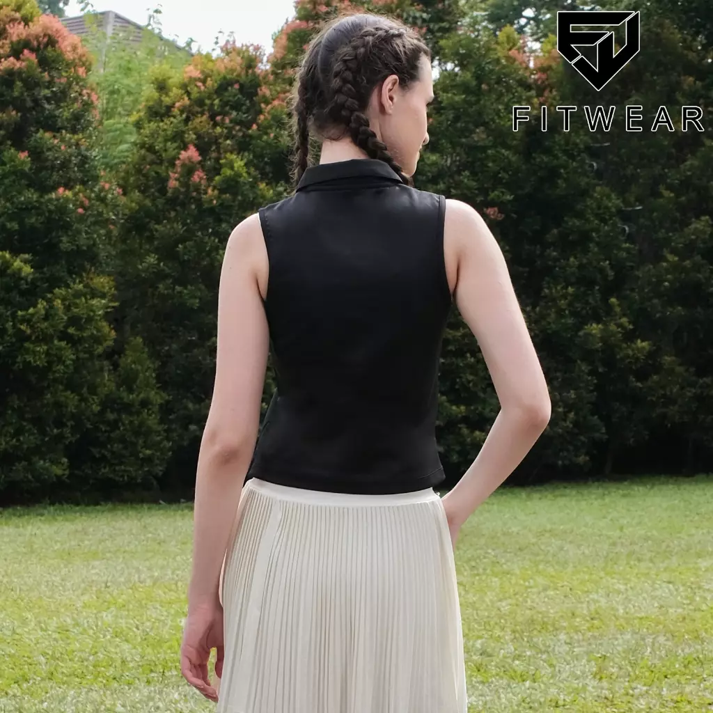 Fitwear Kaos Olahraga Padel Tennis Wanita INGRID SLEEVELESS POLO SHIRT - BLACK