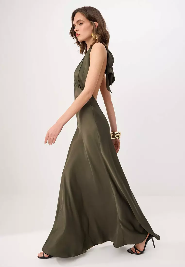 Khaki Plain Woven Satin Maxi Evening Dress & Graduation Dress