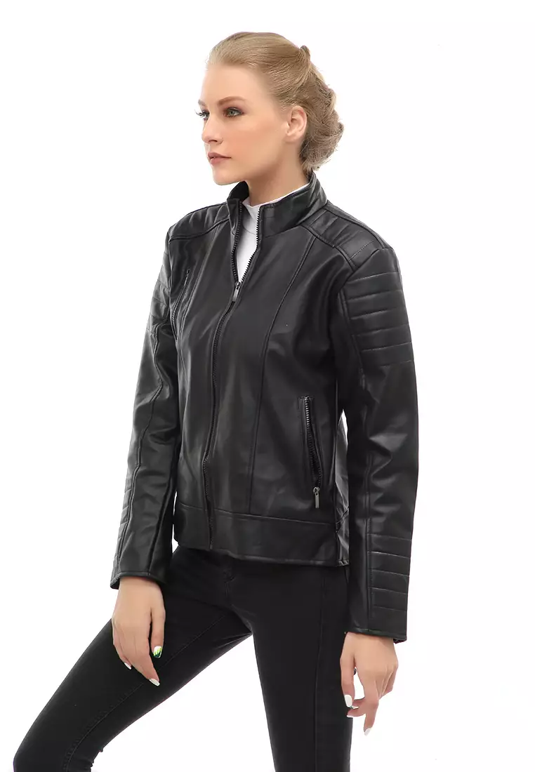 Glenice Jacket Outer Wanita Jaket Kulit Casual Simple Design Material Leather ORIGINAL - Black