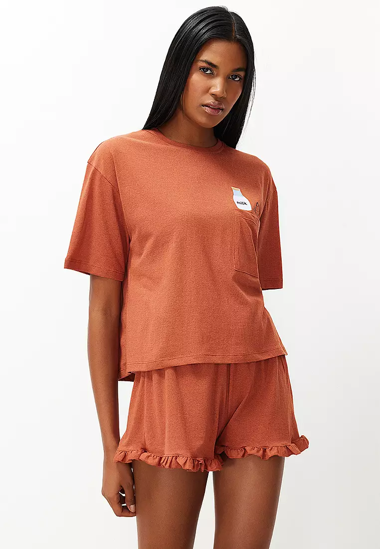 Tile Frilled Printed Shorts Knitted Pajama Set