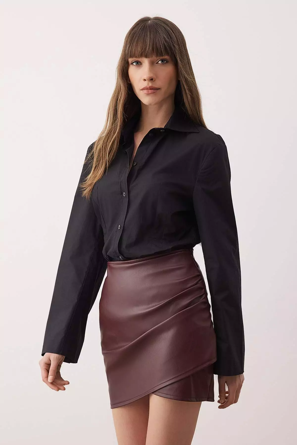Faux Leather Draped High Waist Bodycon Knitted Skirt With Inside Padding Twoaw26Et138