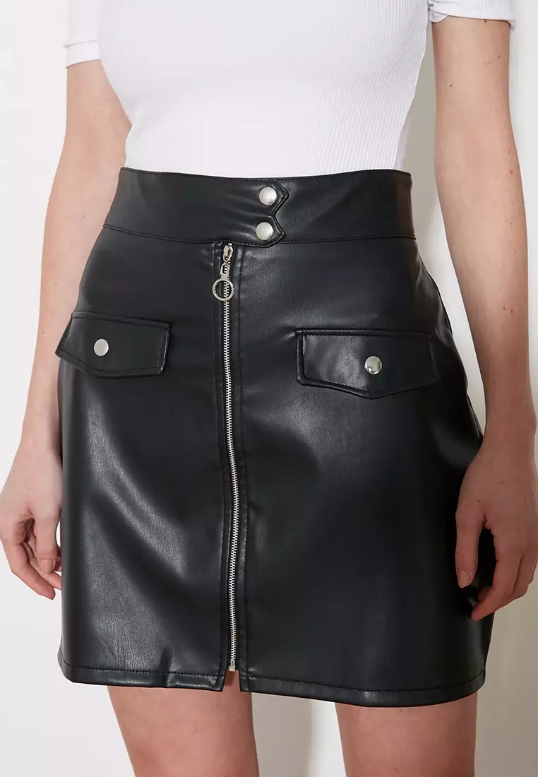 Black faux leather stud detail belted mini clearance skirt