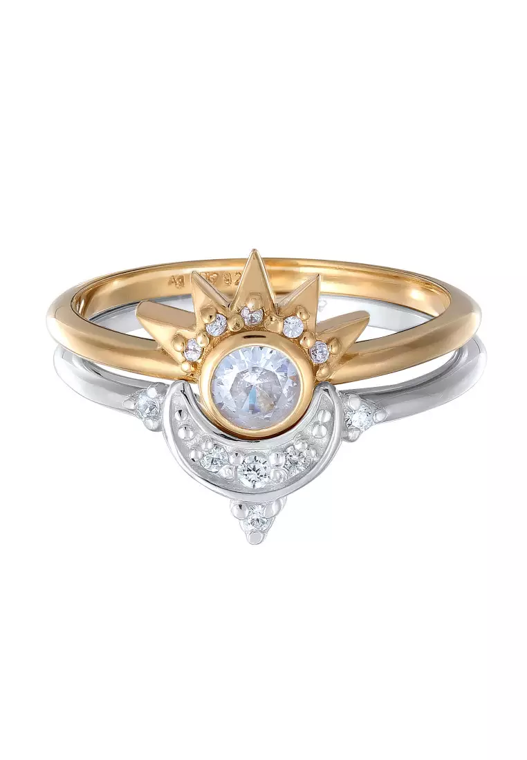 Cincin Perhiasan Perak 925 Wanita Set Moon Sun Zirconia Bi Color
