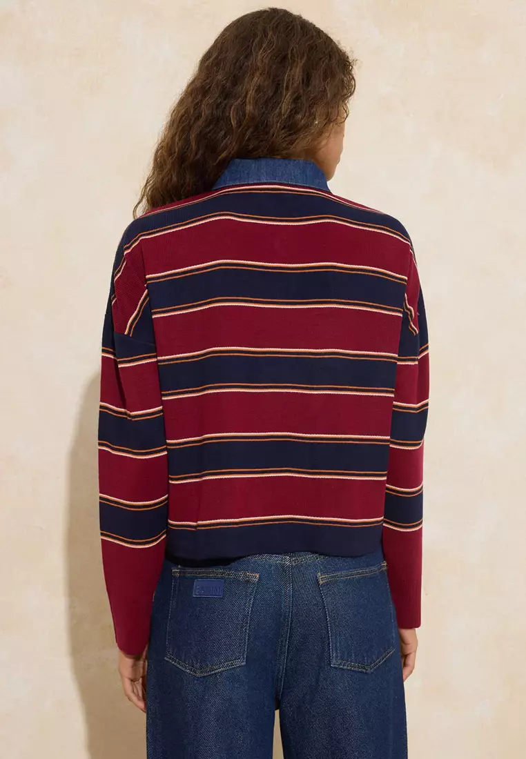 Multi-Colored Striped Denim Paneled Polo Collar Knitwear Sweater Twoaw26Kz283
