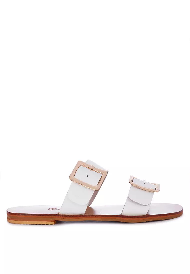 Two Strap Leather Slide Flats