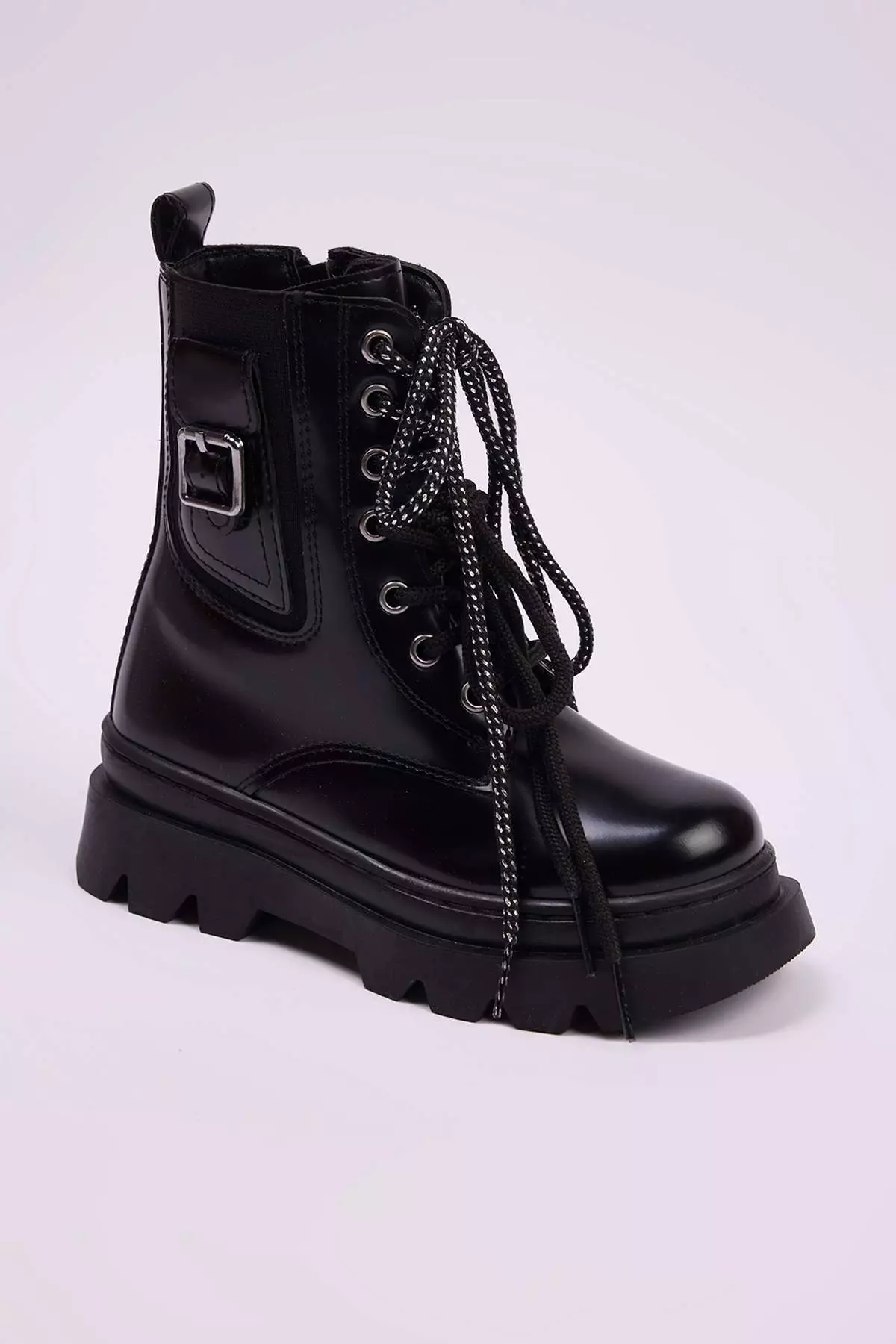 Black Zipper Detailed Double Color Laced Big Girls Kids Boots Takaw26Bo00011