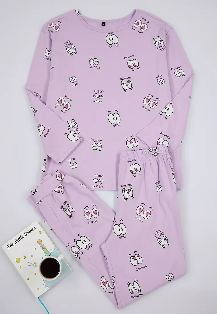Lilac 100% Cotton Eye Patterned T-shirt-Jogger Knitted Pajama Set THMAW22PT0270