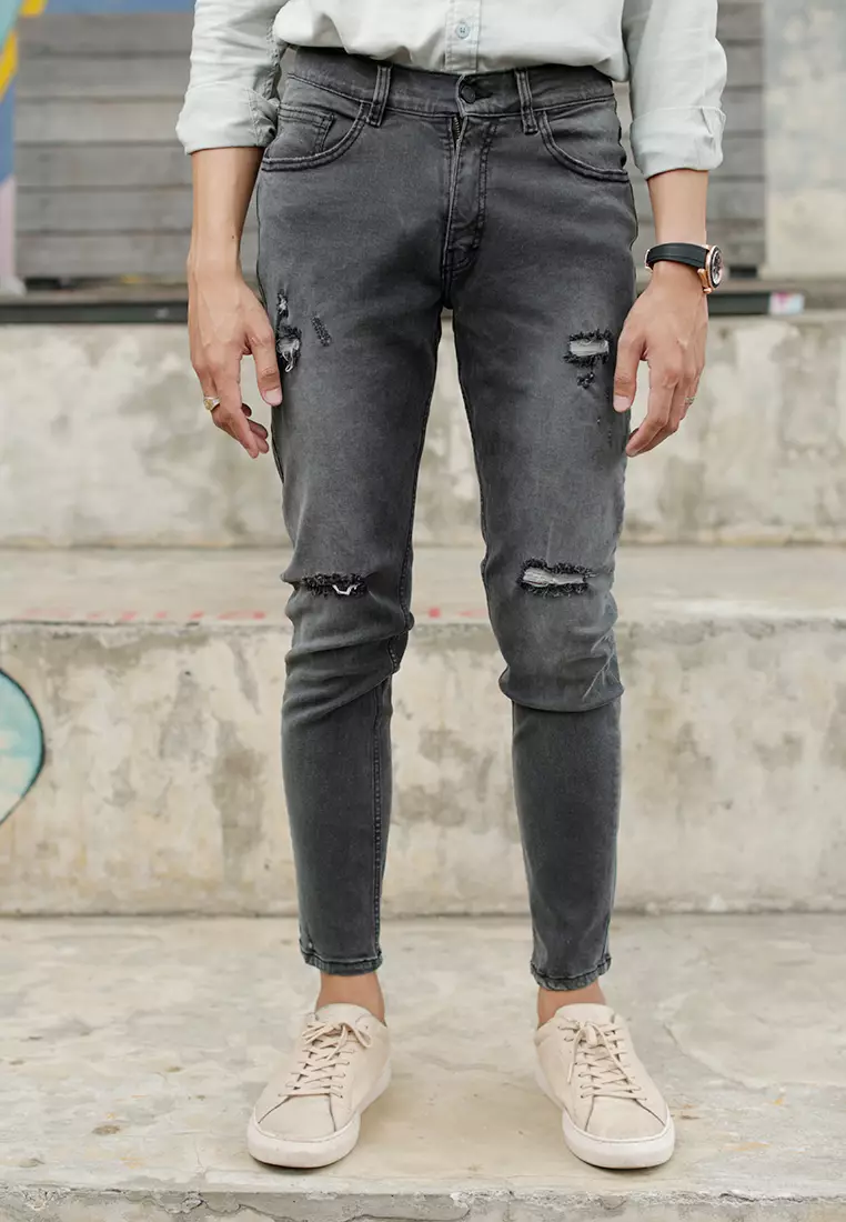 Skinny Ripped Jeans Stretch Faded Grey OXCON