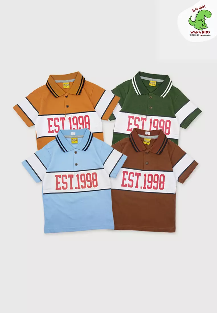 Wakakids Baju Anak Laki Laki Atasan Kaos Kerah Usia 1 Tahun Hingga 7 Tahun Polo Shirt Oblong Lengan Pendek Motif Est 1998 Skats 4092 Coklat