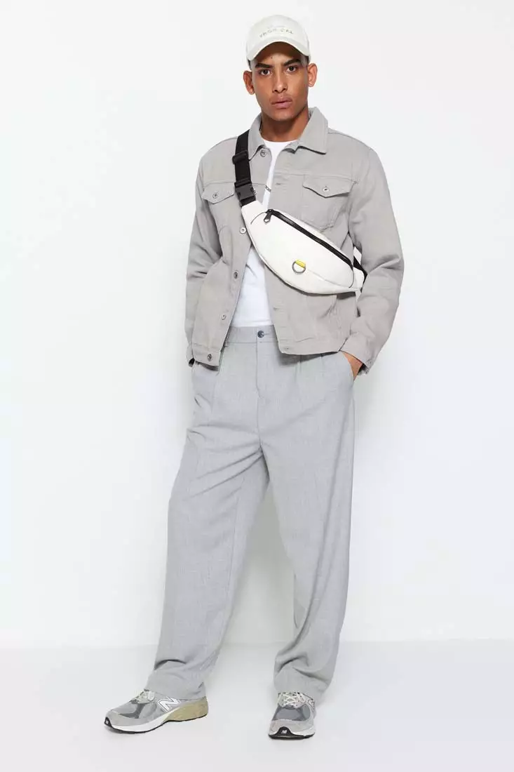 Men's Gray Palazzo Elastic Waist Pleated Pants